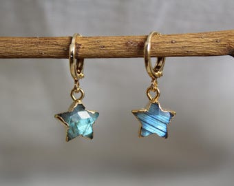 Labradorite Star Huggie Earrings: 14K Gold Celestial Jewelry