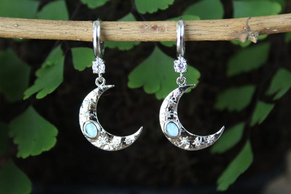Opal Moon Huggie Earrings: Silver Celestial Hoops - Etsy