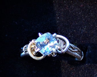 Natural Sky Blue Topaz Cushion Cut Size 8.5 Sterling Silver Braided Wire Wrapped Elven Wedding Engagement Fantasy Magical Gemstone Ring