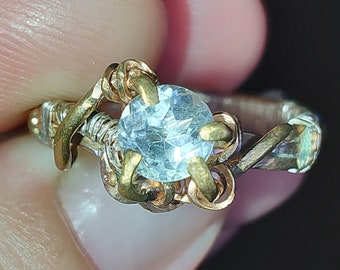 DAINTY Gold Sterling Silver Size 8 Sky Blue Topaz Elven Elvish Genuine Gemstone Fantasy Magical Wire Wrapped Ring