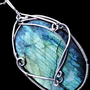 HUGE Faceted Genuine Raw Labradorite Moonstone Sterling Silver Wire Wrapped Elven Elvish Fantasy Amulet Necklace Victorian Forest Pendant