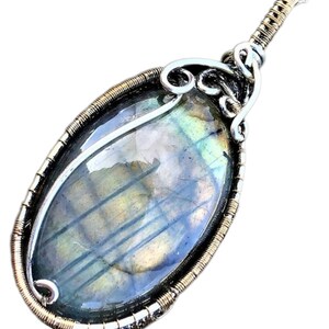 Flashy Labradorite Spectrolite Elven Fantasy Amulet Victorian Forest Fairytale Mystical Gold Sterling Silver Wire Wrapped Pendant Necklace