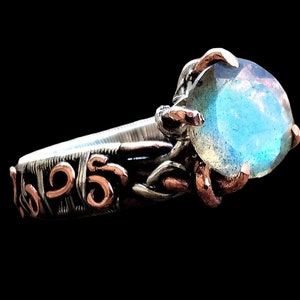 Ring Size 9 Elven Elvish Fantasy Genuine Labradorite Moon Sterling Silver Copper Wire Wrapped Gothic Victorian Fairytale Forest Gemstone