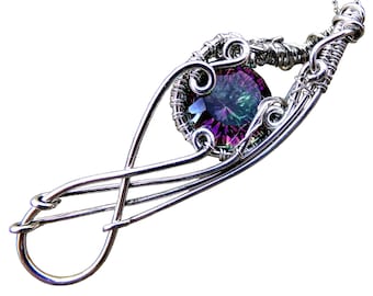 Handmade Elven Fantasy Victorian Amulet Necklace Mystical Fairytale Genuine  Rainbow Titanium Mystic Quartz Sterling Silver Pendant