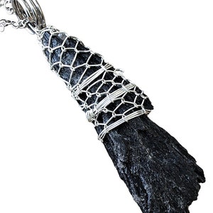 Sterling Silver Raw Black Kyanite Energy Cleansing Chainmaille Elven Elvish Victorian Fantasy Wire Wrapped Gemstone Pendant Necklace