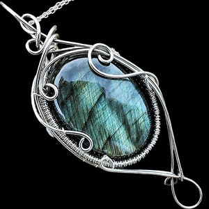 Silver Green Blue Flash Labradorite Elven Elvish Mystical Fantasy Victorian Forest Fairy Tale Magical Wire Wrapped Pendant Necklace Amulet