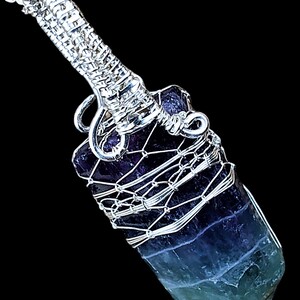 Medieval Sterling Silver Rainbow Fluorite Point Chainmaille Gothic Elven Elvish Victorian Fantasy Wire Wrapped Gemstone Pendant Necklace