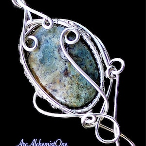 Carmella Sterling Silver Plated Copper Natural Blue Jasper Elven Elvish Victorian Fantasy Wire Wrapped Gemstone Pendant Necklace