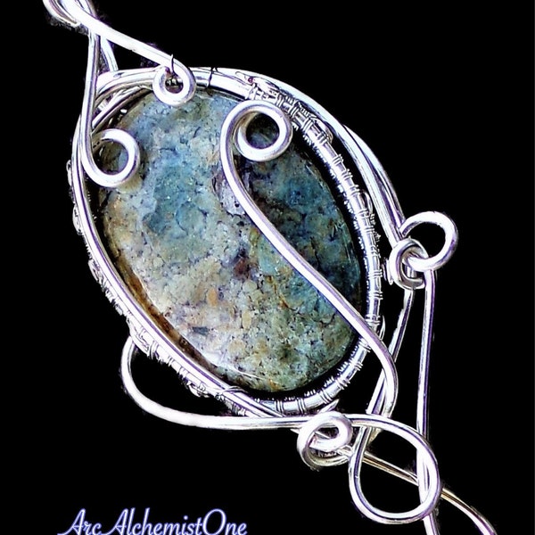 Carmella Sterling Silver Plated Copper Natural Blue Jasper Elven Elvish Victorian Fantasy Wire Wrapped Gemstone Pendant Necklace