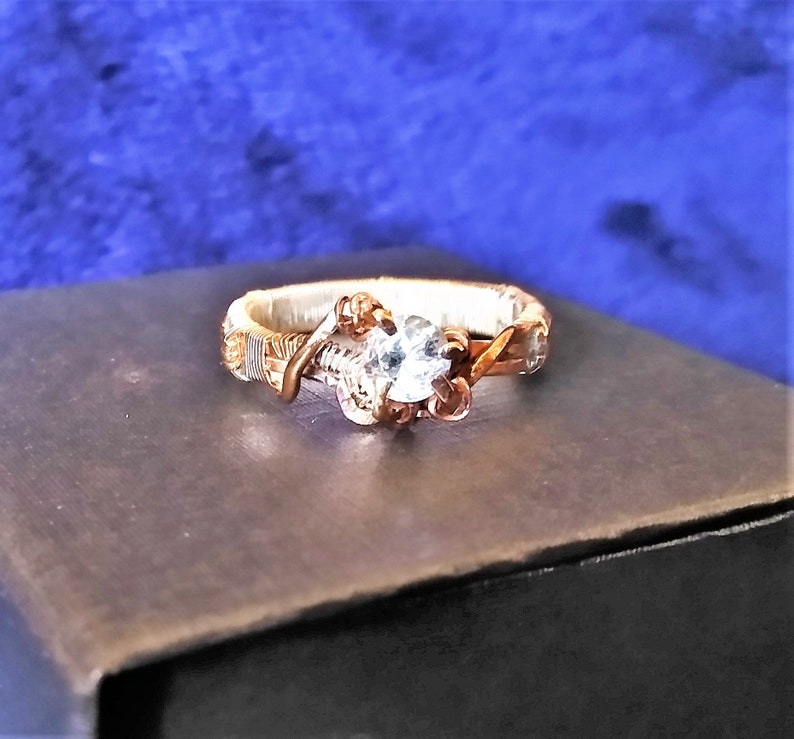 Gold Sterling Silver Copper Wire Wrapped Sky Blue Topaz Gemstone Elven Elvish Wedding Engagement Ring by ArcAlchemistOne