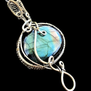 Large Flashy Labradorite Gold Sterling Silver Elven Elvish Mystical Fantasy Victorian Forest Fairy Tale Wire Wrapped Pendant Necklace Amulet