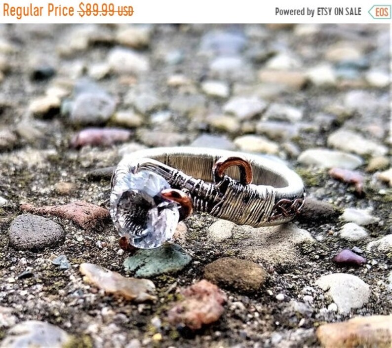 Sterling Silver Copper Wire Wrapped Natural White Quartz Cosplay Elven Elvish Wedding Engagement Ring by ArcAlchemistOne
