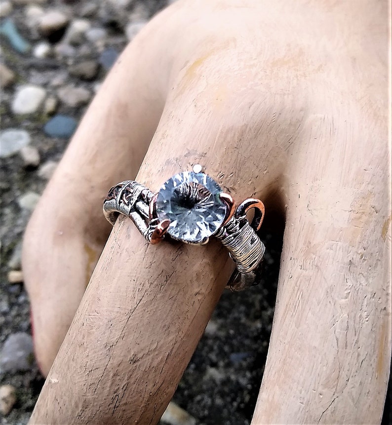 Sterling Silver Copper Wire Wrapped Natural White Quartz Cosplay Elven Elvish Wedding Engagement Ring by ArcAlchemistOne