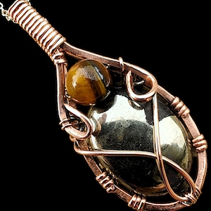 Hammered Copper Wire Wrapped Pyrite & Tiger&#39;s Eye Pendant Necklace