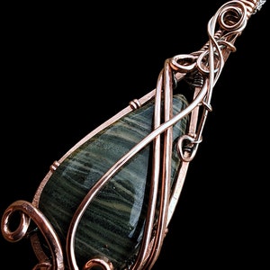 Hammered Copper Green Jasper Pendant Necklace: Elven Wire Wrapped Amulet