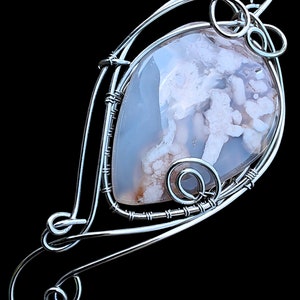 Sterling Silver   Natural Flower Agate Chalcedony Teardrop Elven Elvish Victorian Fantasy Wire Wrapped Gemstone Pendant Necklace Amulet