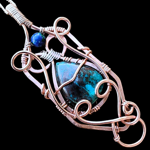Extremely Rare Chrysocolla Azurite Copper Elven Elvish Victorian Fantasy Wire Wrapped Gemstone Pendant Necklace Amulet