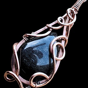 Rare Natural Silver Sheen Obsidian Gothic Copper Elven Elvish Victorian Fantasy Wire Wrapped Gemstone Pendant Necklace Amulet