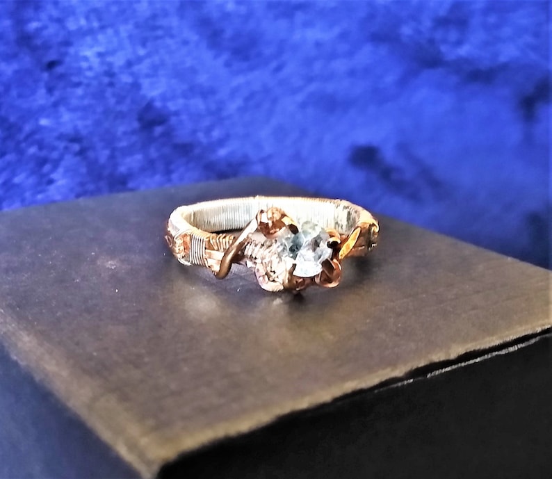 Gold Sterling Silver Copper Wire Wrapped Sky Blue Topaz Gemstone Elven Elvish Wedding Engagement Ring by ArcAlchemistOne