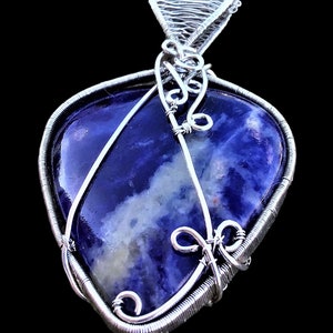 Sterling Silver   Intellect Boosting Natural Sodalite Elven Elvish Victorian Fantasy Wire Wrapped Gemstone Pendant Necklace Amulet
