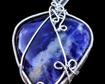 Sterling Silver   Intellect Boosting Natural Sodalite Elven Elvish Victorian Fantasy Wire Wrapped Gemstone Pendant Necklace Amulet