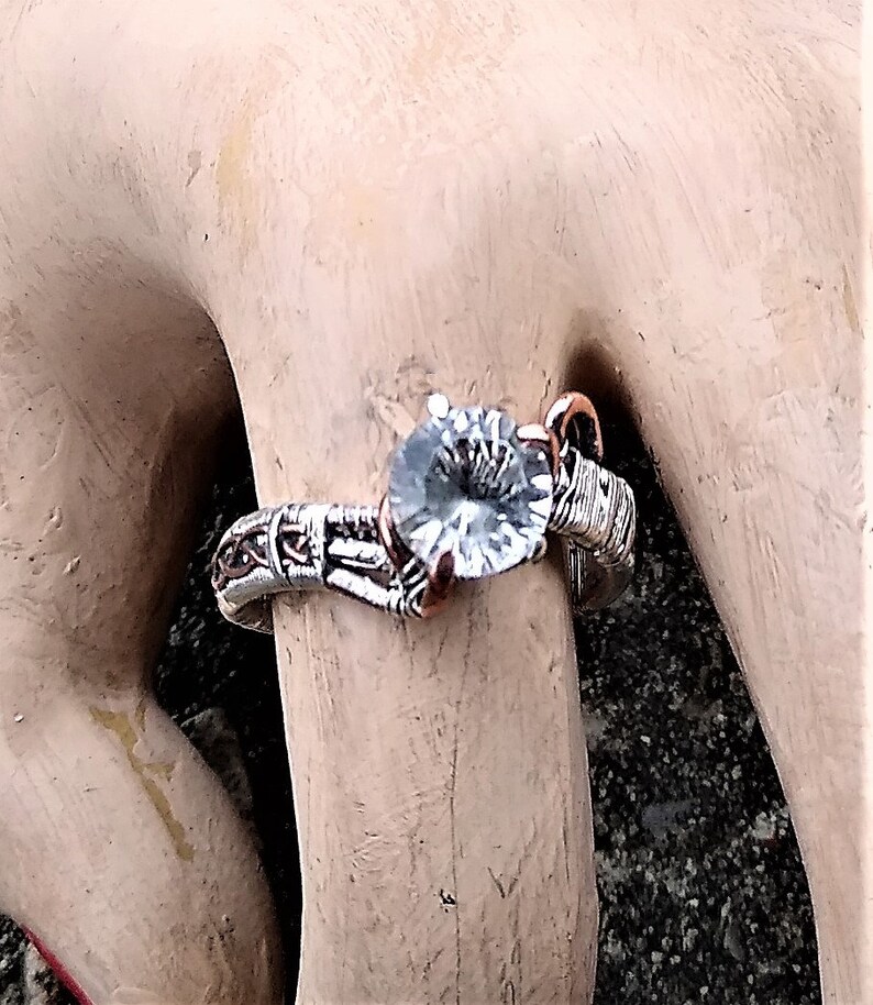 Sterling Silver Copper Wire Wrapped Natural White Quartz Cosplay Elven Elvish Wedding Engagement Ring by ArcAlchemistOne