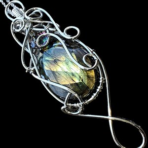 Faceted Oval Labradorite Spectrolite Wire Wrapped Sterling Silver Rainbow Quartz Pendant Elven Elvish Victorian Forest Fantasy Raw Flashy