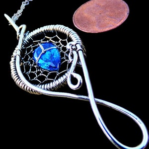 Sterling Silver Dreamcatcher Pendant: Blue CZ Gemstone, Wire Wrapped Talisman