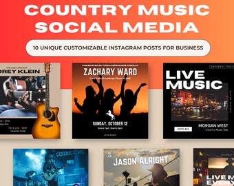 Modelli di musica country dal vivo per Instagram (10 pagine, post personalizzabili, Canva, country, concerti, modelli per social media, bar musicali)