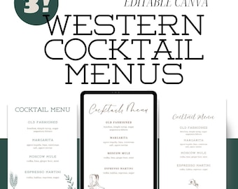 Menú de 3 cócteles occidentales, menú editable para bodas en bares occidentales, Canva, descarga digital, plantilla de menú, menú de bebidas de bar, plantilla de bar campestre