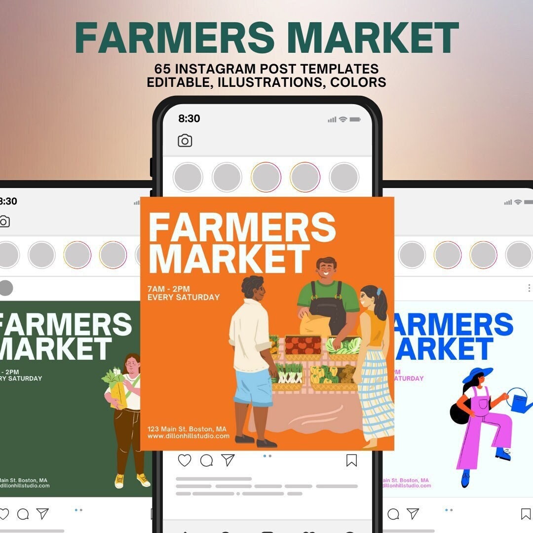 Modelli Instagram per il mercato agricolo (65 pagine, post personalizzabili, Canva, modello per social media, mercato agricolo, primavera, estate, moderno)