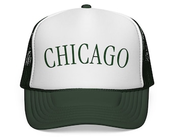 Gorra Chicago Tall Serif Print / Gorra vintage de la ciudad, verde y blanca, estilo camionero, Ciudad de Chicago, Gorra verde de Chicago, Gorra de Chicago, Chicago verde