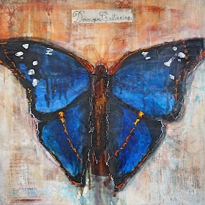 Original Mixed Media Blue Butterfly Painting on Canvas, Butterfly Wall Art, Butterfly Wall Hanging