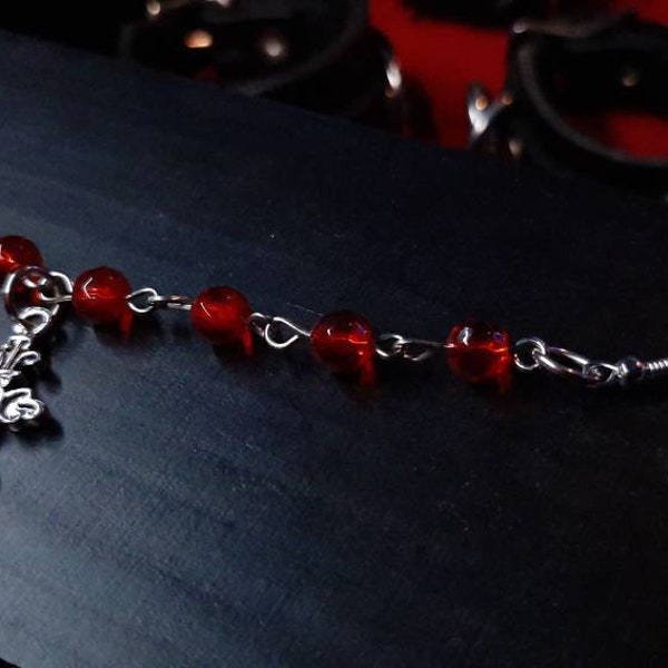 Gothic Nose Chain Red Rosary Beads Cross Charm Earring - Victorian Elegant Nosechain Clasp Punk Industrial Vampire Jewelry Goth Ear Nose