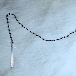 Gothic Suicide Chain Black Rosary Beads Cat Sword Pendant - Nosechain Nose Chain Clasp Punk Industrial Vampire Jewelry Goth Ear Nose