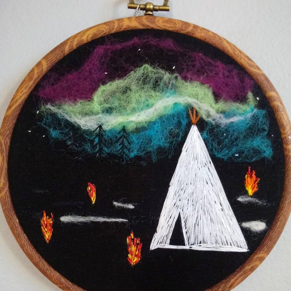 Hand Embroidery Needle Felting Wall Decor Aurora Borealus Artwork Teepee Native American Art Pocahontas Neil Young Hand Embroidered Artwork