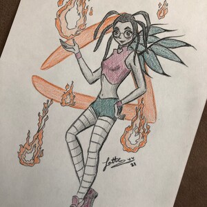 May include: A hand-drawn illustration of a character with black hair, glasses, and a pink top, holding flames. The character is wearing striped leggings, green shorts, and maroon shoes. Orange flame-like shapes are behind the character. The artwork is signed "Latte" with the date "21".