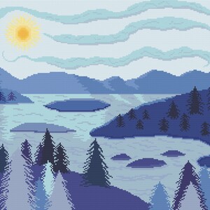 Peaceful Dawn Mountain Landscape Counted Cross Stitch PDF Pattern