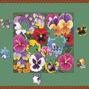 Pretty Pansy Jigsaw Puzzle Counted Cross Stitch PDF Pattern