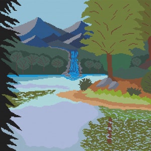 Tranquil Waterfall Modern Landscape Counted Cross Stitch PDF Pattern