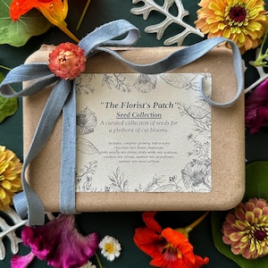 May include: A seed collection gift box, tied with a light blue ribbon and adorned with a dried flower. The box features a label with the text "The Florist's Patch Seed Collection" and a list of included seeds. Surrounded by colorful flowers.