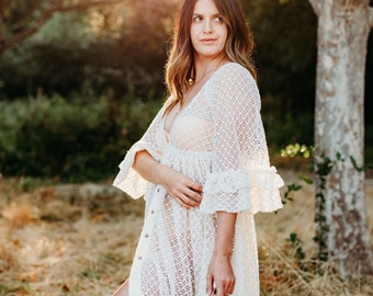 Isa Boho Crochet Lace Wedding Dress/Vintage Maternity Dress/Baby Shower Dress for Photo Shoot/Pregnancy Photo Shoot/Photo Props
