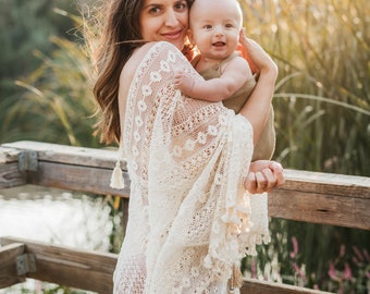 Amelia Boho Crochet Lace Wedding Dress/Vintage Maternity Dress/Baby Shower Dress for Photo Shoot/Pregnancy Dress/Photo Props