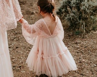 Baby Beau Blush Pink Beaded Lace Tulle Wedding Flower Girl Dress Little Girl Party Dress Boho Kids Dress