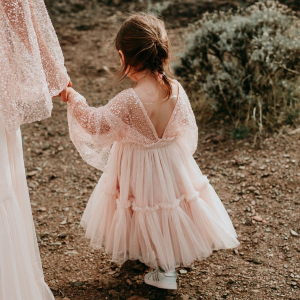 Baby Beau Blush Pink Beaded Lace Tulle Wedding Flower Girl Dress Little Girl Party Dress Boho Kids Dress