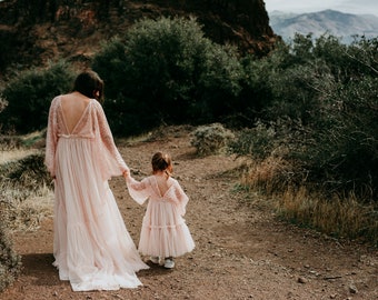 Baby Beau Blush Pink Beaded Lace Tulle Wedding Flower Girl Dress Little Girl Party Dress Boho Kids Dress Mommy&Me Photography Dress