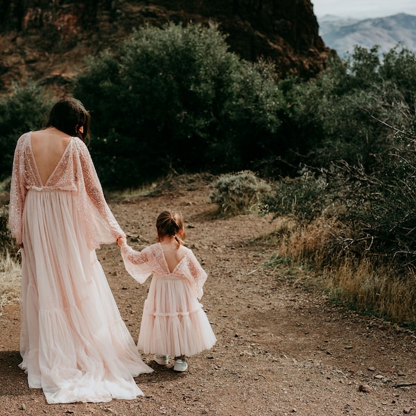 Baby Beau Blush Pink Beaded Lace Tulle Wedding Flower Girl Dress Little Girl Party Dress Boho Kids Dress Mommy&Me Photography Dress