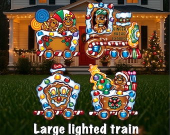 lighted gingerbread train yard decor SET OF 4, outdoor gingerbread Christmas decor outdoor Christmas decorations, cute Christmas yard art