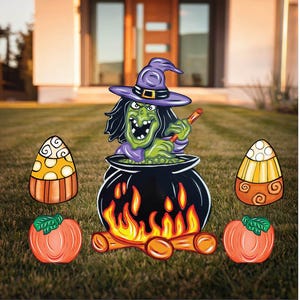 May include: A green witch with a purple hat stirs a cauldron over a fire. The cauldron is black with a green liquid inside. There are two orange and yellow candy corn decorations on either side of the cauldron.
