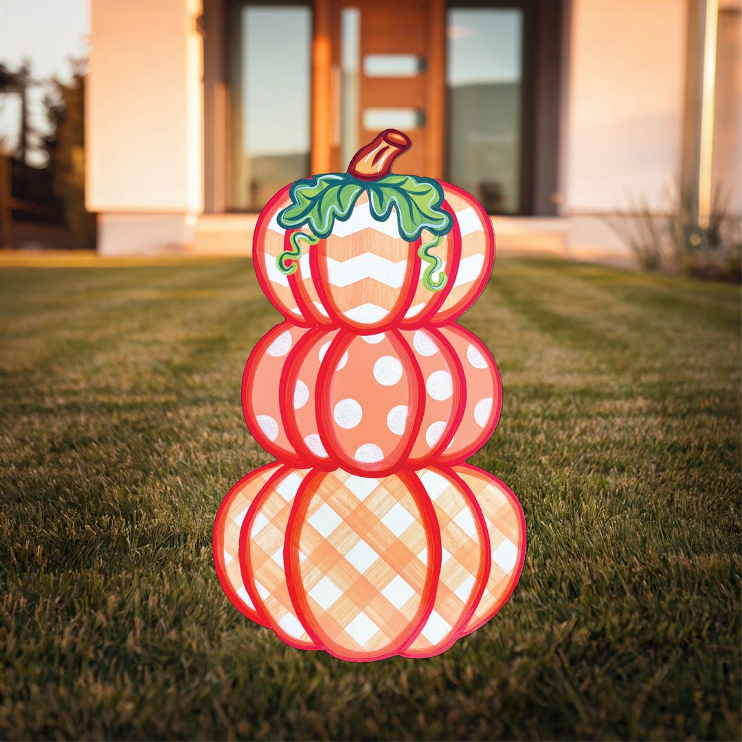 Stacked Pumpkins Garden Decor, Plaid Pumpkin Autumn Garden Stake, Polka ...